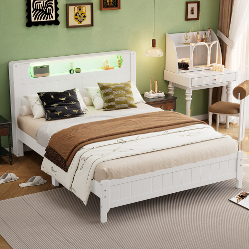 Doppelbett mit offenen Regalen und stimmungsvoller Beleuchtung-OKWISH