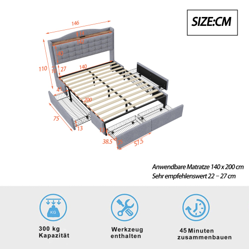 Polsterbett, Nachttisch mit USB-Ladeanschluss und Ablage, Doppelflachbett mit 4 Schubladen