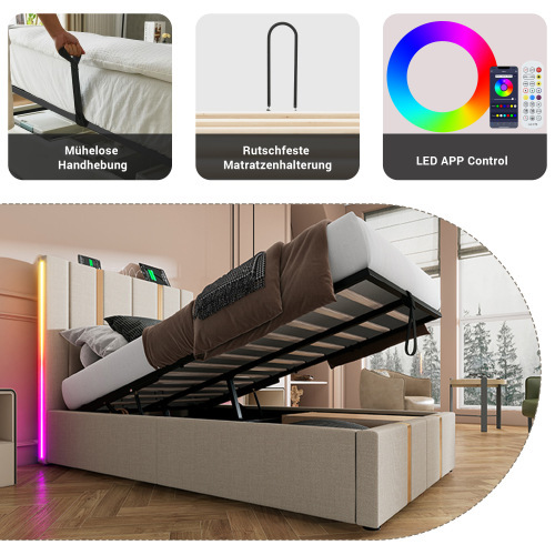 Multifunktionales gepolstertes Doppelbett aus Holz-OKWISH