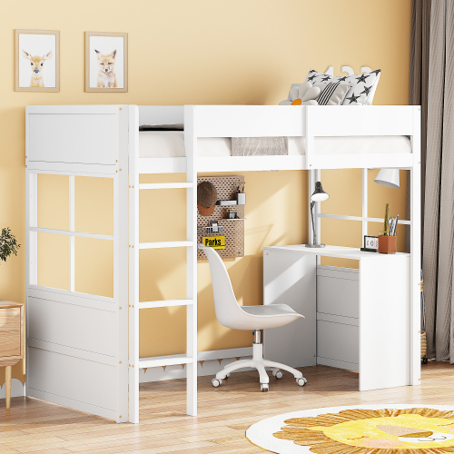 Hochbett aus Holz 90*200cm, Sicherheitstreppe, mit Tisch, hohes Zaundesign, Einzelbett, Kinderbett