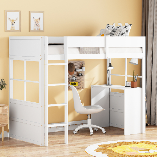 Hochbett aus Holz 90*200cm, Sicherheitstreppe, mit Tisch, hohes Zaundesign, Einzelbett, Kinderbett