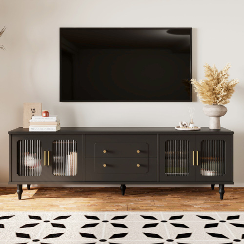 Lowboard, TV-Möbel im Retro-Stil: goldene Griffe, viel Stauraum. Mit Glastür und Beinen aus Massivholz 