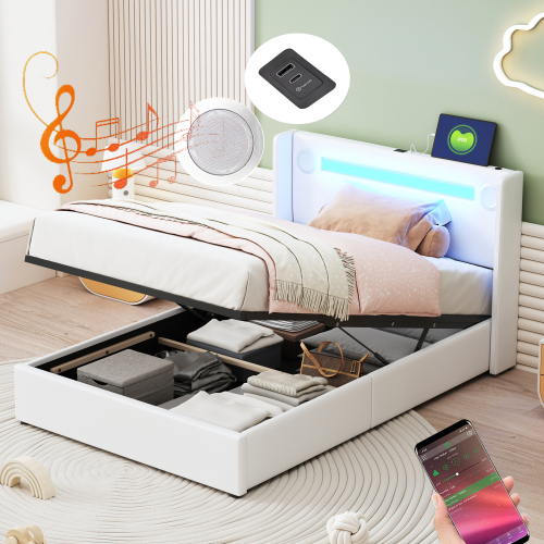 Mit LED-Lichtleiste, Bluetooth-Player und USB-Aufladung, Stauraumbett aus PU-Leder, Hochbettkasten