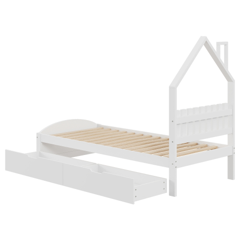 Holzbett 90*200 cm, Kopfteil in Form eines Hauses, mit eigenen Ablagefächern, Kinderbett, einzeln