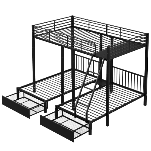 Dreifaches Etagenbett mit Schubladen, Metallbettrahmen, multifunktionales Metallrahmenbett 