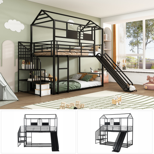 Etagenbett mit Eisenrahmen, oberem Fenster und Rutsche-OKWISH