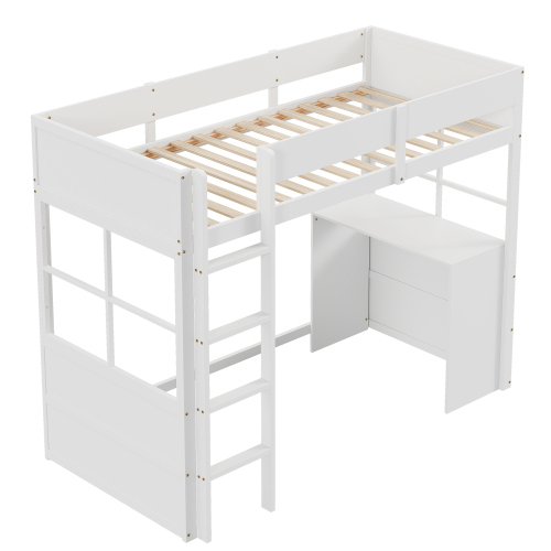 Hochbett aus Holz 90*200cm, Sicherheitstreppe, mit Tisch, hohes Zaundesign, Einzelbett, Kinderbett
