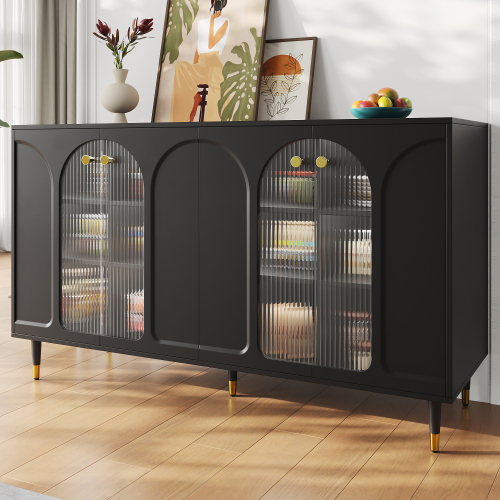 Modernes und schlichtes schwarzes Sideboard (140 x 40 x 85 cm), Changhong-Glastür-Design, mit dekorativen Metalldetails, viel Stauraum, geeignet für Esszimmer, Wohnzimmer oder Küche 
