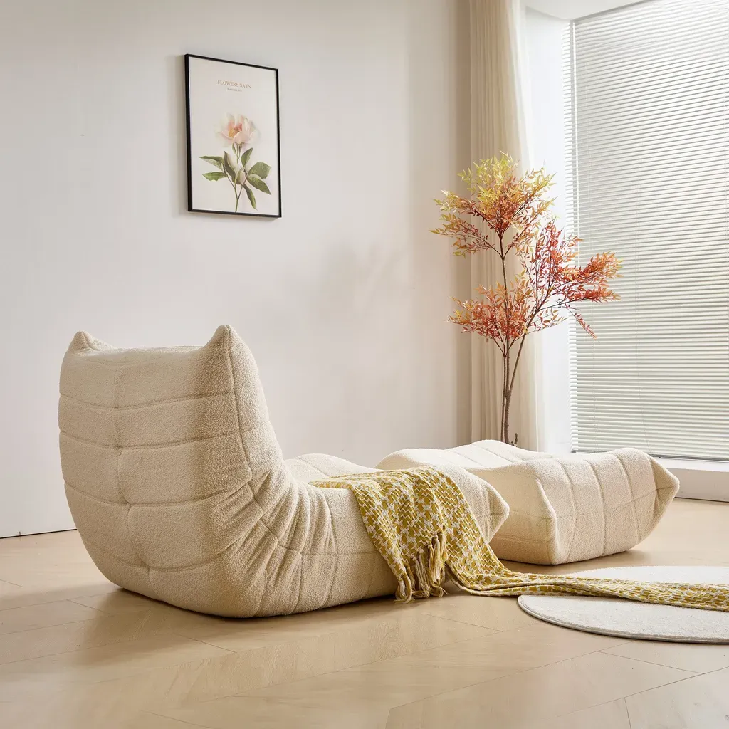 Relax Sessel Sofa Set – Faltbares Schlafsofa mit Rückenlehne & Fußstütze aus Teddystoff, Beige, für Wohnzimmer & Meditation