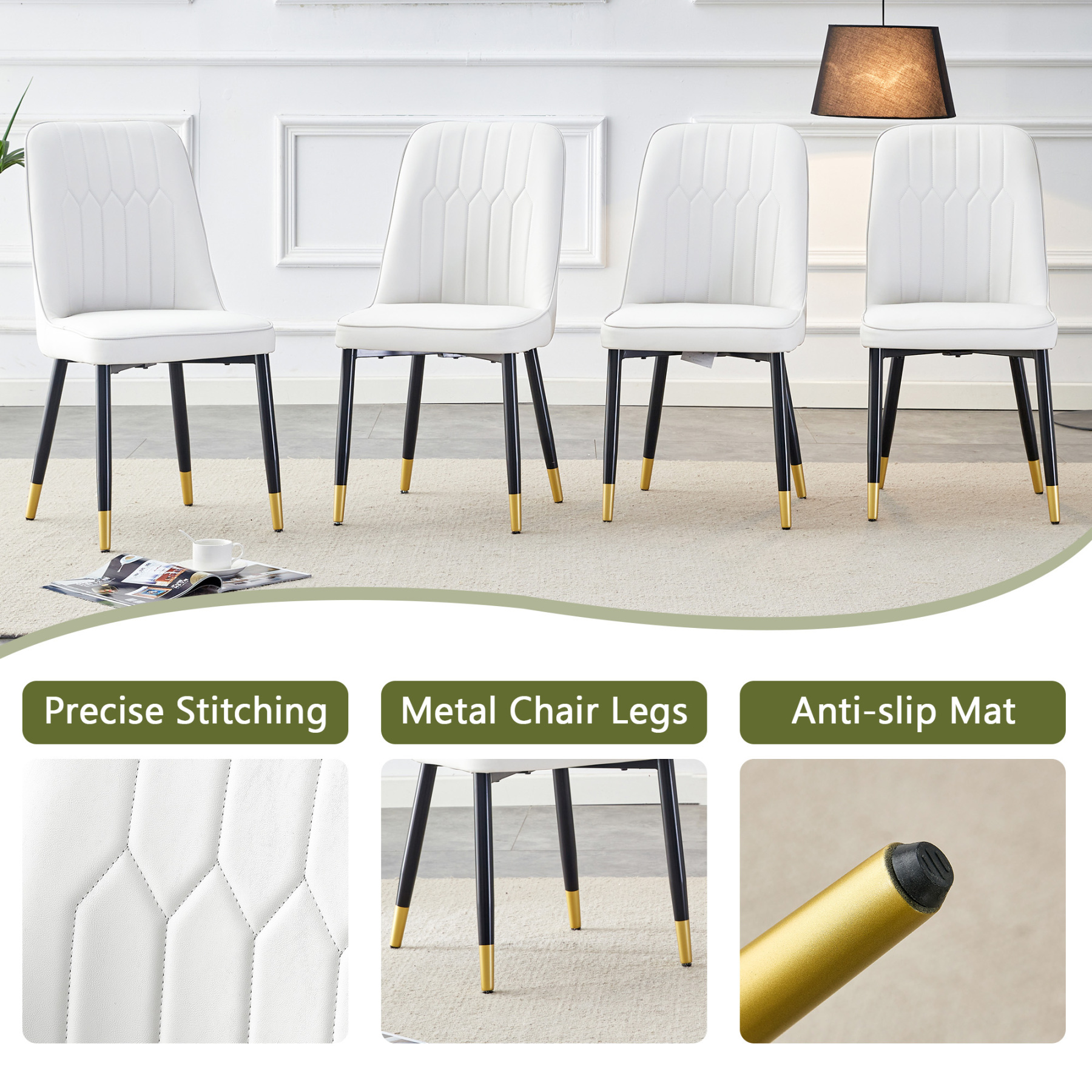 OKWISH White PU Dining Chairs Set with Black Metal Legs