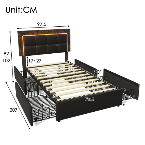 Bettgestell mit LED-Beleuchtungsleiste und 4 Schubladen, Höhenverstellbarem Kopfteil, Funktionsbett