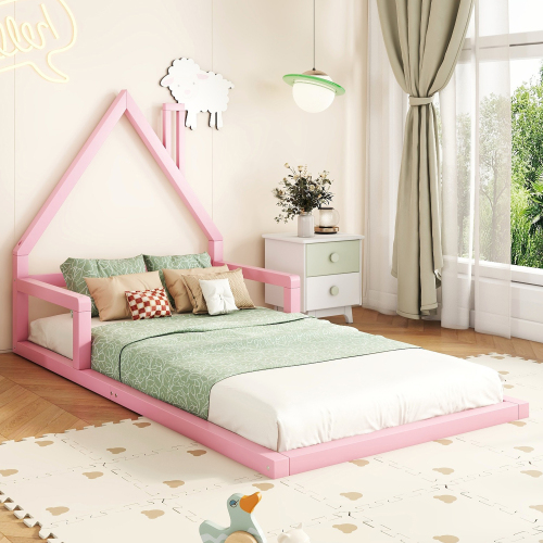 90*200cm Kinderbett, Flachbett, Hausform, Kiefer massiv, einfache Form