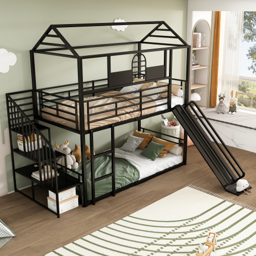 Etagenbett mit Eisenrahmen, oberem Fenster und Rutsche-OKWISH