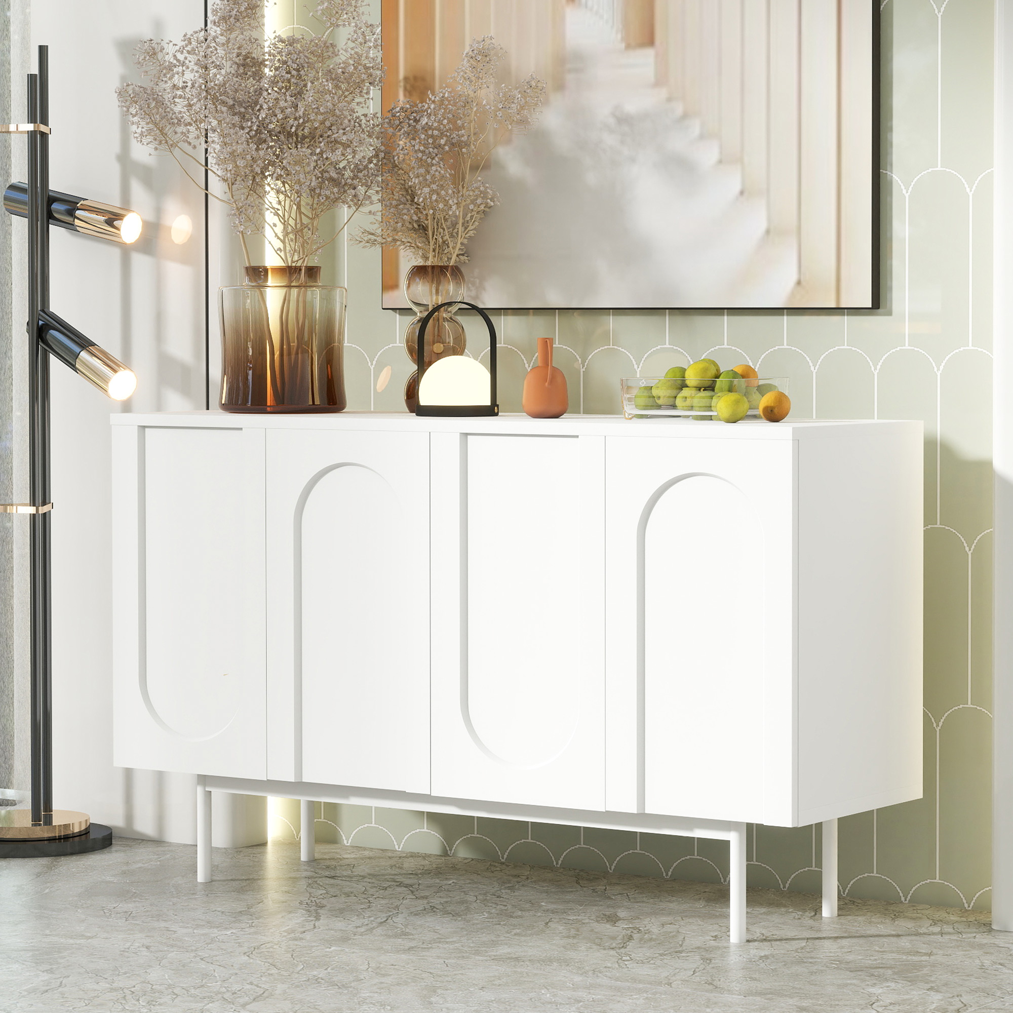 Buffet Bahut Moderne 120×35×71cm - OKWISH - 4 Portes, Espace de Rangement et Plateau Réglable - Blanc - Contemporain
