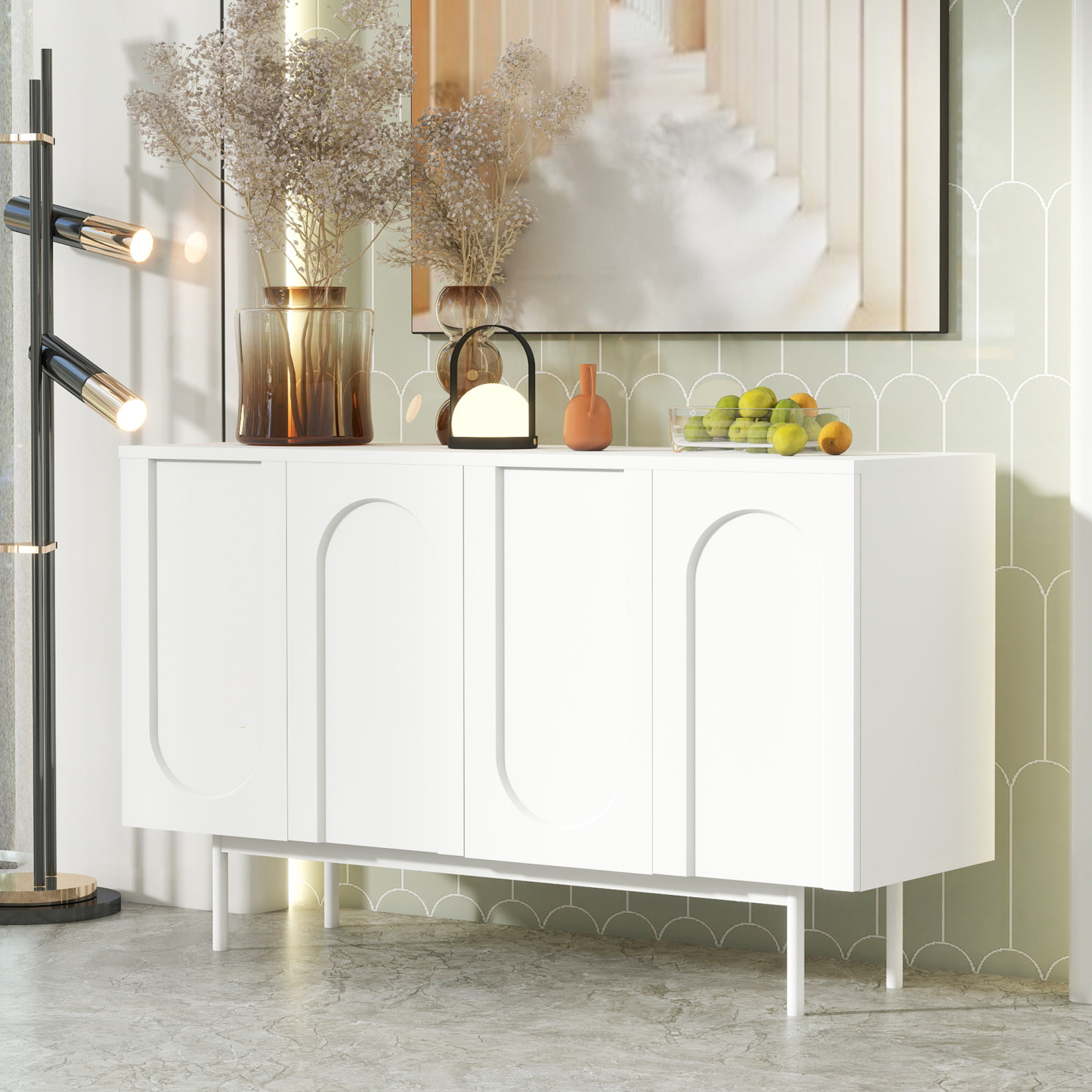 Buffet Bahut Moderne 120×35×71cm - OKWISH - 4 Portes, Espace de Rangement et Plateau Réglable - Blanc - Contemporain