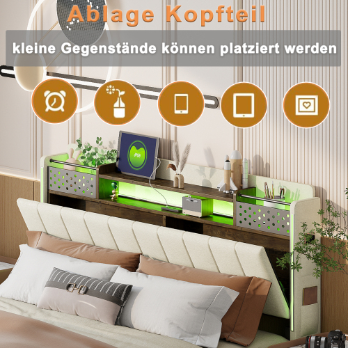 Polsterbett  mit LED-Beleuchtung und USB-Steckdose, Kopfteil mit Stauraum