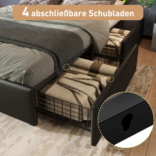 Bettgestell mit LED-Beleuchtungsleiste und 4 Schubladen, Höhenverstellbarem Kopfteil, Funktionsbett