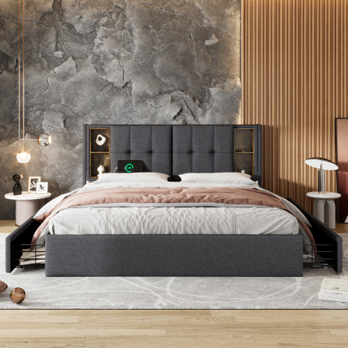 Doppelbett aus beigem Samt aus Holz-OKWISH