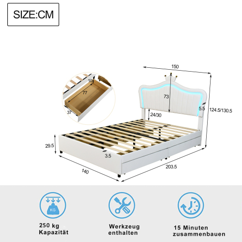 Einzelbettgestell aus PU-Leder mit Stauraumschubladen, LED-Leuchten, Lattenrost und Rückenlehne 