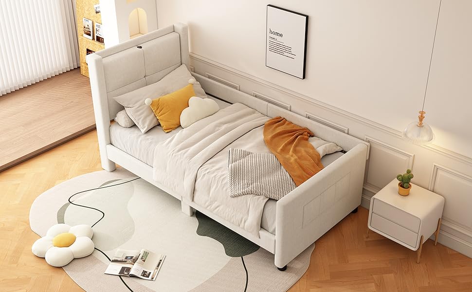 minimalistisches Design、90×200cm、USB-Anschluss、Beige