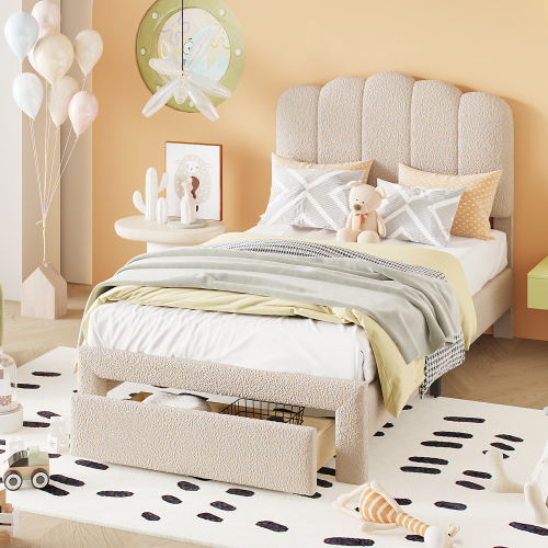 Polsterbett Kinderbett, hautfreundlicher Teddy-Stoff Bettrahmen mit Ablagefächern