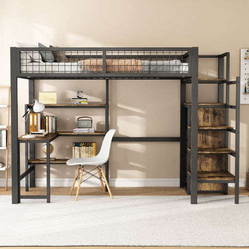 90*200cm Hochbett, Eisenbett, Untertisch, mehrere Einlegeböden, Einbauschrank