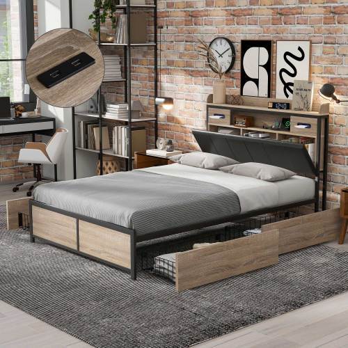 Metallbett, Hydraulikbett,Jugendbetten,mit Stauraum-Kopfteil und Metall Lattenrost, Ohne Matratze