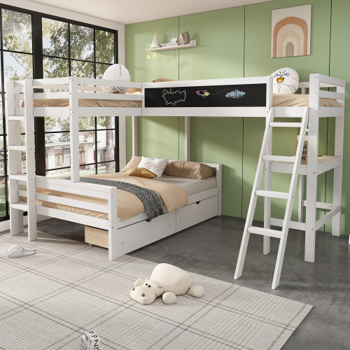 Kinderhochbett ,Im Kinderbett können drei Kinder schlafen, Hat Aufbewahrungsschubladen,aus Kiefernholz, Etagenbett, Kinderbett mit Schreibtisch und Regal, 140*200cm,90*200cm,weiß 