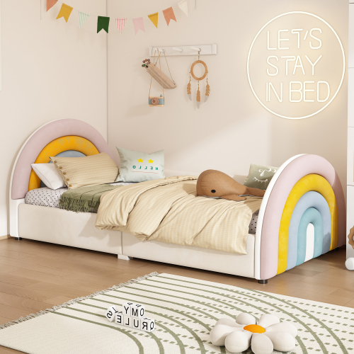 Kinderbett, Polsterbett, Regenbogenform, Lattenrost hochklappbar, großer Stauraum, Regenbogenfarbe 