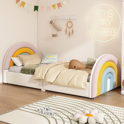Kinderbett, Polsterbett, Regenbogenform, Lattenrost hochklappbar, großer Stauraum, Regenbogenfarbe 