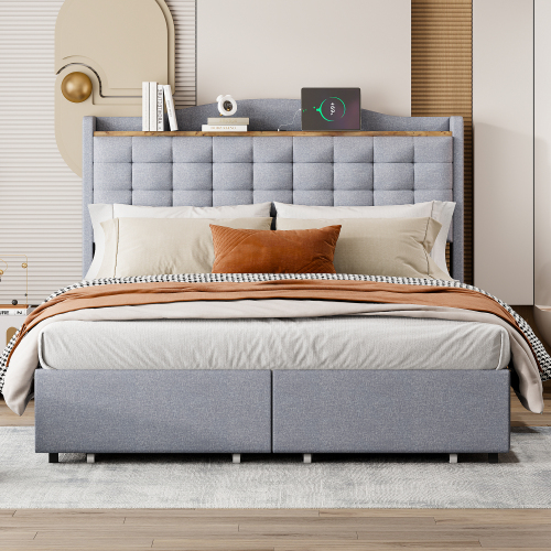 Polsterbett, Nachttisch mit USB-Ladeanschluss und Ablage, Doppelflachbett mit 4 Schubladen