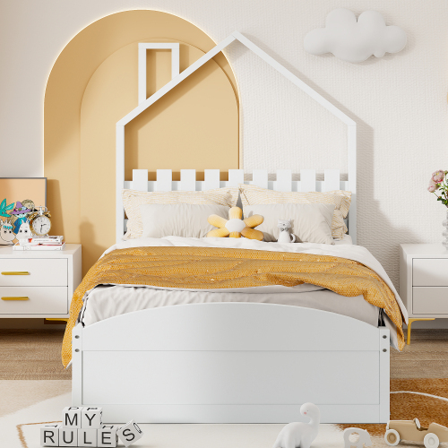 Holzbett 90*200 cm, Kopfteil in Form eines Hauses, mit eigenen Ablagefächern, Kinderbett, einzeln