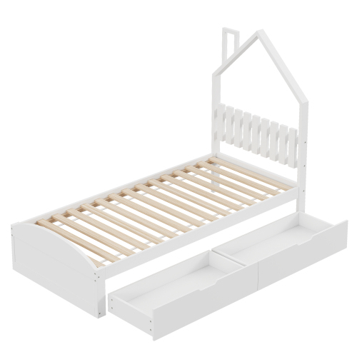 Holzbett 90*200 cm, Kopfteil in Form eines Hauses, mit eigenen Ablagefächern, Kinderbett, einzeln