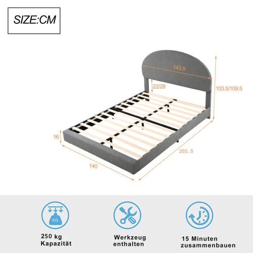 Teddy Samt Polsterbett 140*200, Doppelbett Polsterbett mit bogenförmigem Kopfteil und Lattenrost