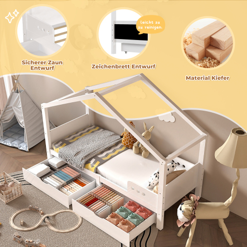 Bett aus Kiefernholz in Hausform mit Rahmen-OKWISH
