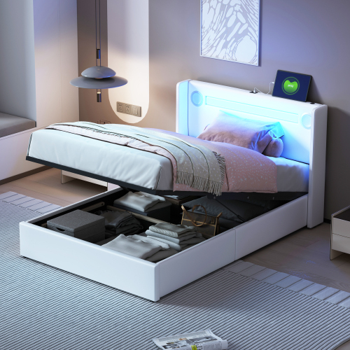 Mit LED-Lichtleiste, Bluetooth-Player und USB-Aufladung, Stauraumbett aus PU-Leder, Hochbettkasten