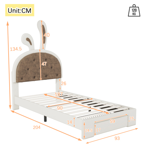 90*200cm Kinderbett, Flachbett, Cartoon Hasenform, Bettkasten, PU Material