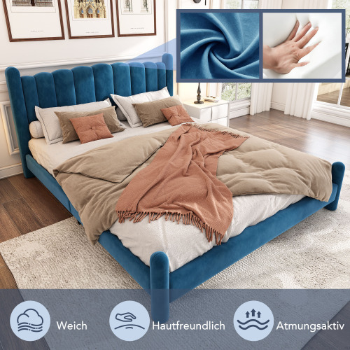 Polsterbett mit Lattenrost und Kopfteil, Stilvolles fächerförmiges Kopfteil, Zylindrische Stützbeine