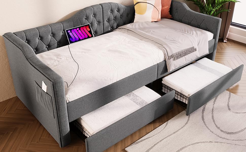 Rtopsu Polsterbett Kinderbett 90x200 cm mit USB Type C Schlafsofa Tagesbett 2 Stauraum Schubladen