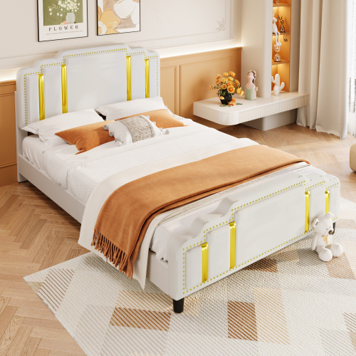 140*200cm Flachbett, gepolstertes Bett, Goldstreifen, leichter Luxus-Stil, minimalistisches Styling