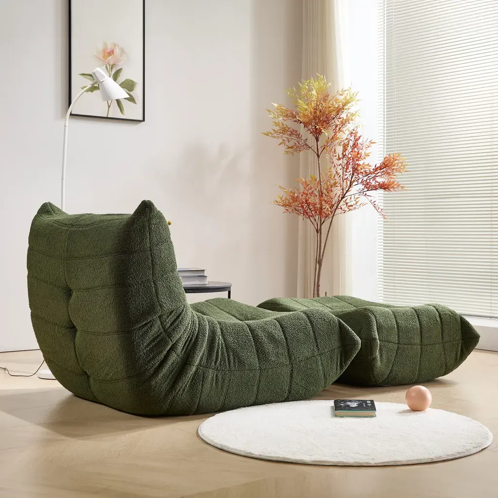 Relax Sessel Sofa Set – Faltbares Schlafsofa mit Rückenlehne & Fußstütze aus Teddystoff, Grün, für Wohnzimmer & Meditation