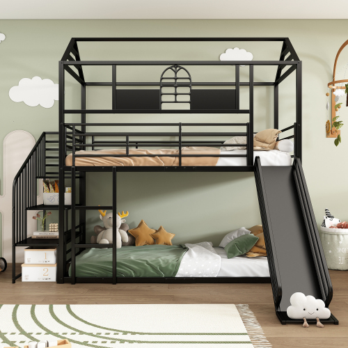 Etagenbett mit Eisenrahmen, oberem Fenster und Rutsche-OKWISH
