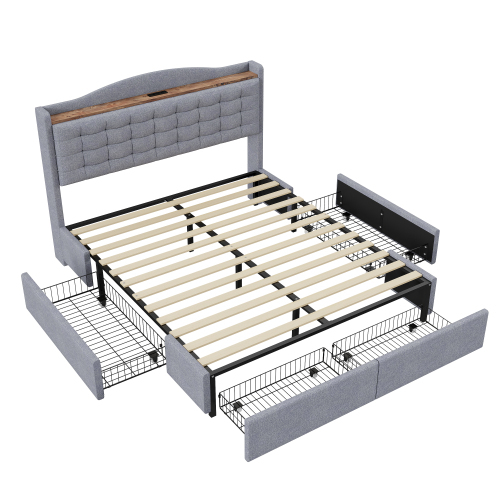 Polsterbett, Nachttisch mit USB-Ladeanschluss und Ablage, Doppelflachbett mit 4 Schubladen