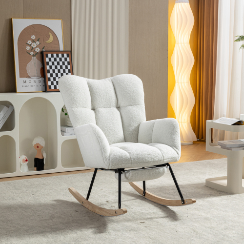 New Modern Teddy Fabric Tufted Upholstered Rocking Chair with pull-out footrest