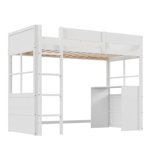 Hochbett aus Holz 90*200cm, Sicherheitstreppe, mit Tisch, hohes Zaundesign, Einzelbett, Kinderbett