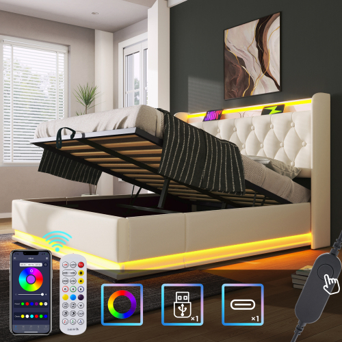 Polsterbett Doppelbett, 360-Surround-LED-Funktion, Drucktaste/App/Fernbedienung, 140*200 cm, weiß PU-Material Hydraulisches Lagerbett, gepolstertes Kopfteil mit USB Typ-C Ladefunktion (Ohne Matratze) 