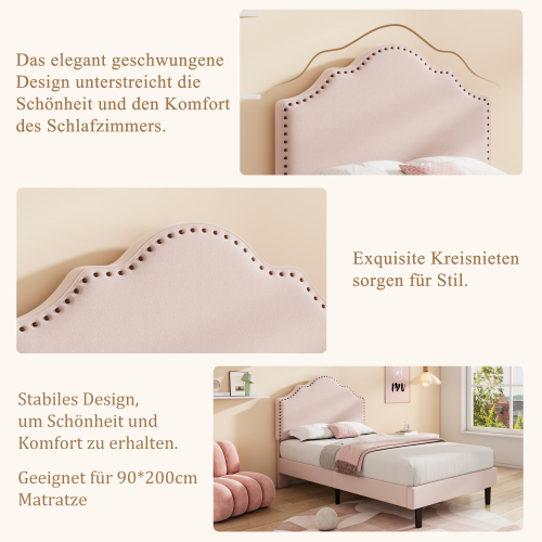 Elegantes, geschwungenes rosafarbenes Einzelbett, verziert mit exquisiten Nieten-OKWISH