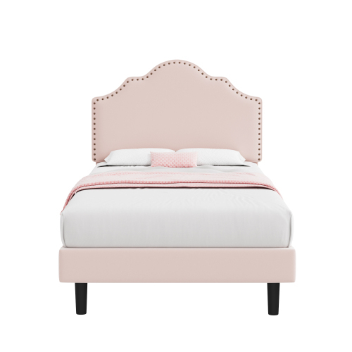 Elegantes, geschwungenes rosafarbenes Einzelbett, verziert mit exquisiten Nieten-OKWISH