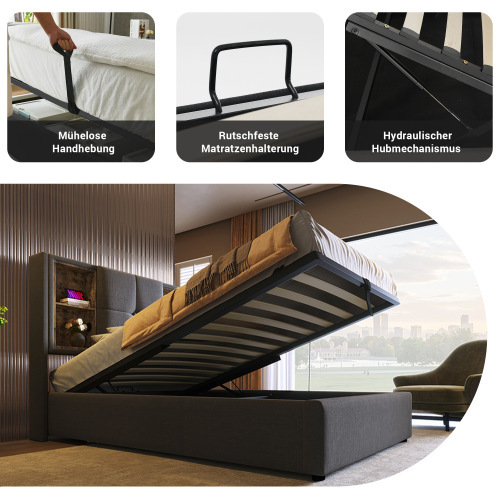 Doppelbett mit Kabellosem Laden USB , Bettgestell mit Stauraum Lattenrost aus Holz-Grau Baumwolle 