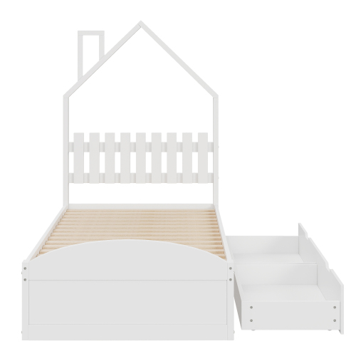 Holzbett 90*200 cm, Kopfteil in Form eines Hauses, mit eigenen Ablagefächern, Kinderbett, einzeln